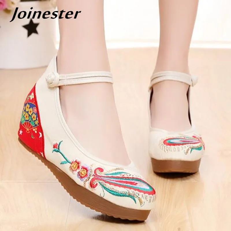 

Retro Floral Embroider Casual Women Shoes High Heels Pumps Ladies Wedding Shoes Bride Canvas Cloth Wedges Platform Slides Shoes