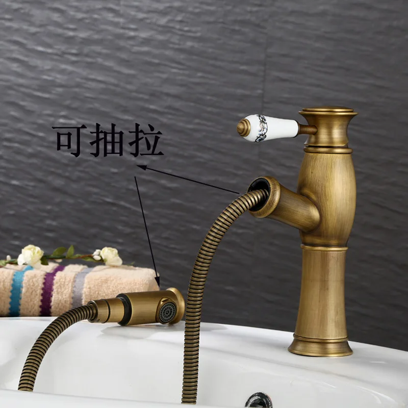 

European style all copper pull basin washbasin faucet antique ceramic pull faucet telescopic antique basin faucet