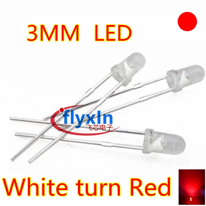 

100pcs/lot Red light-emitting diodes White turn Red 3MM LED Quality assurance