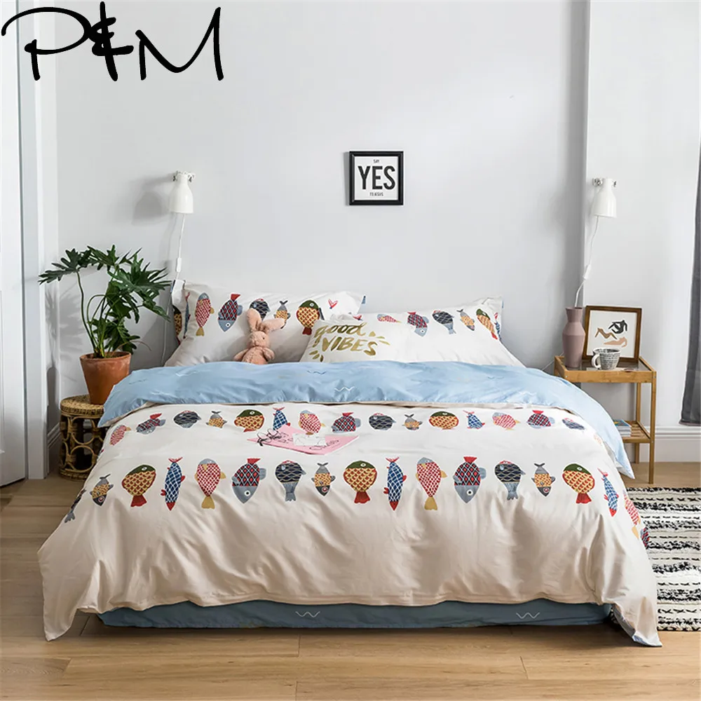 

Papa&Mima ins style carp print bedding set Cotton Twin Queen King size bedlinens flat sheet pillowcases duvet cover sets