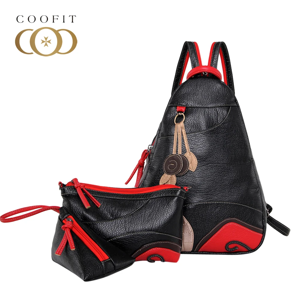 

Coofit Unique Leafs Pattern Backpacks Sets For Girls Vintage Women PU Leather Bagpack With Envelope Crossbody Bag Clutch Purse