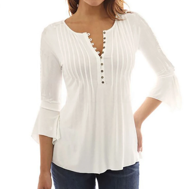 Casual Flare 3/4 Sleeve Women T Shirts Summer V Neck Button Pressure Pleated Solid Color Top