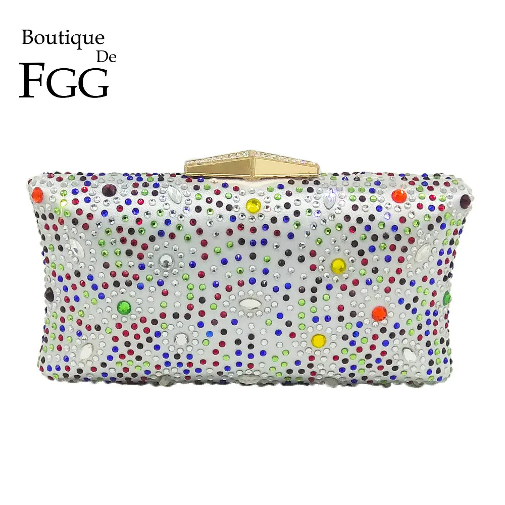 

Boutique De FGG Dazzling Multi Silver Crystal Evening Clutch Bag Hardcase Metal Wedding Party Cocktail Diamond Handbag Purse