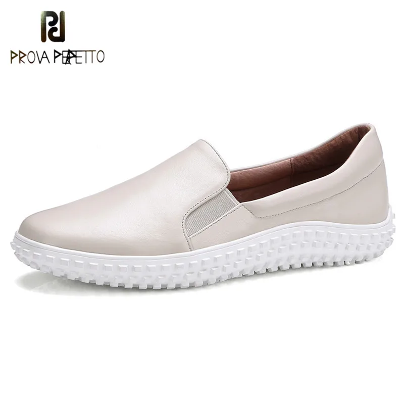 

Prova Perfetto 2018 New Style Pure Color Loafer Shoes Woman Round Toe Real Leather Flat Shoes Comfort Slip-On White Casual Shoes