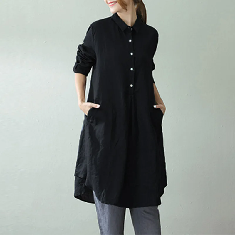 

2019 ZANZEA Women Lapel Neck Buttons Cotton Linen Solid Long Blouse Elegant Long Sleeve Casual Loose Shirt Vestido Blusas M-5XL