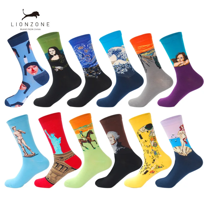 

LIONZONE 12Pairs/Lot Men's Funny Colorful Combed Cotton Socks Dozen Pack Famous Oil Painting Casual Dress Wedding Happy Socks