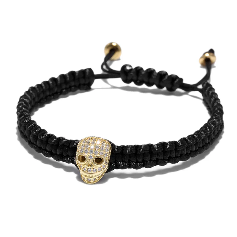 

2018 New Adjustable Men Stainless Steel Bracelets & Bangles Black Braided Rope Zircon Skull Bracelet Jewelry For Man Male Women