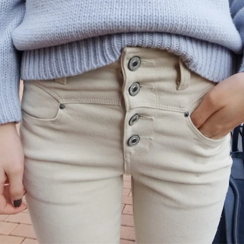 2017 Spring Fashion 26 32 Beige High Waist Jeans High Elastic Women