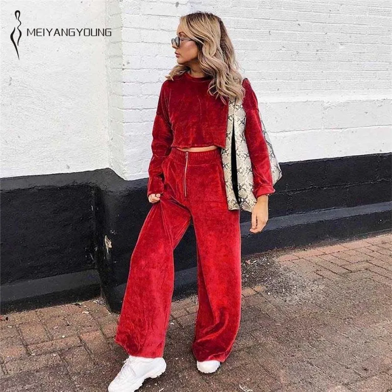 

Casual Hoodies Two Piece Set Autumn Winter Velvet 2 Piece Set Long Sleeve Crop Top High Waist Pants Sexy Clothes Suits Outfits