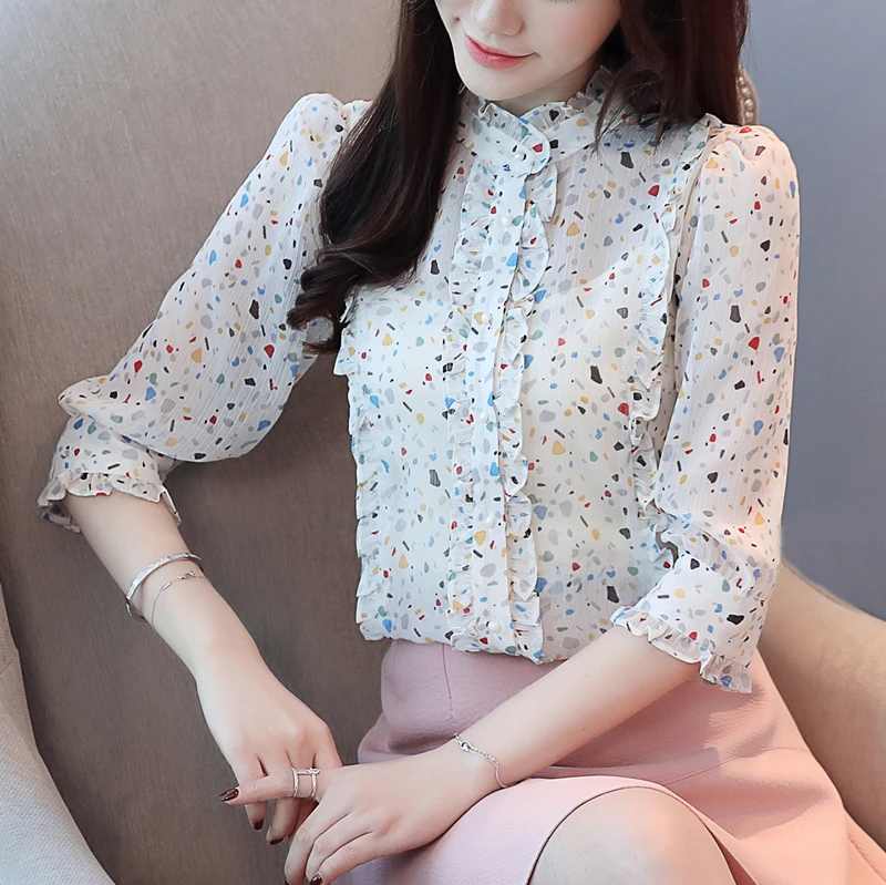  Dingaozlz Fashion Lady Tops Summer New Chiffon Shirt Ruffles Collar Printed Women blouse Casual Wom