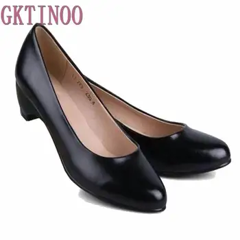 

GKTINOO Women's Leather Med Heels New High Quality Shoes Classic Black Pumps Shoes for Office Ladies Shoes