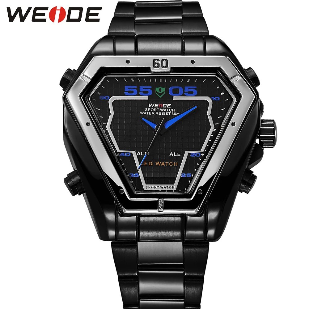 

WEIDE Hot Selling LED Watch Men Sports Alarm Analog Digital 3ATM Waterproof Japan Quartz Movement Full Stainless Steel Watches