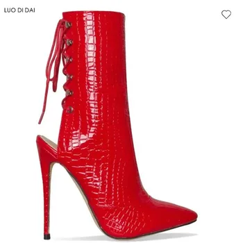 

2020 fashion women RED PATENT LEATHER boots LACE UP POINTED TOE ANKLE BOOTS back open sexy high heels boots party shoes ladies
