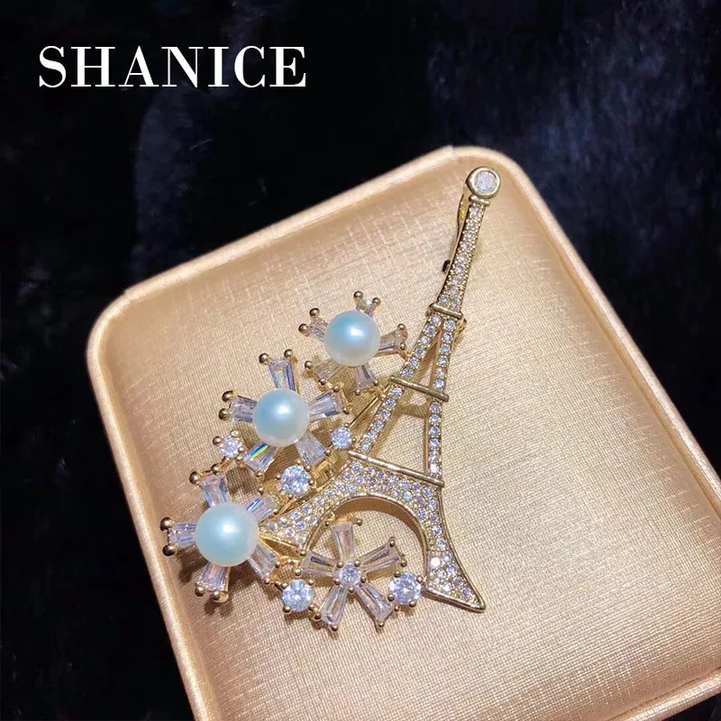 

SHANICE Luxury 5A Cubic Zirconia Silver Tone Eiffel Tower Brooch Broach Pin Scarf High Quality Women Jewelry Dress Accessories