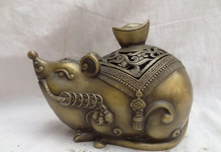 

song voge gem S4841 8" Chinese Pure Bronze YuanBao Mouse Statue Wealth Coin Incense Burner Censer