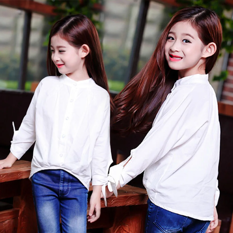 Осенняя белая рубашка для девочек рубашка в полоску с длинными рукавами Школьная рубашка с бантом для девочек Рубашка для девочек от 4 до 12 лет - Цвет: White