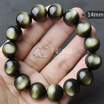 

Genuine Natural Gold Obsidian Gemstone Bracelet 14mm Round Beads Stretch Bracelets Man Lady Best Gift AAAAA
