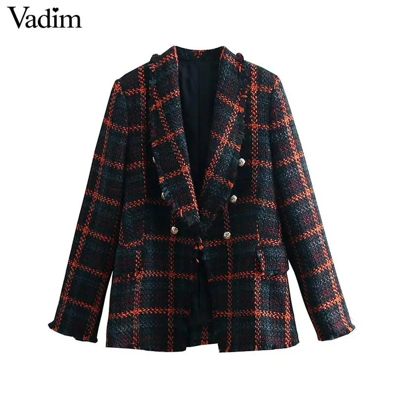 

Vadim women vintage plaid tweed blazer fringe tassel long sleeve coat buttons decoration female chic outerwear tops CA412