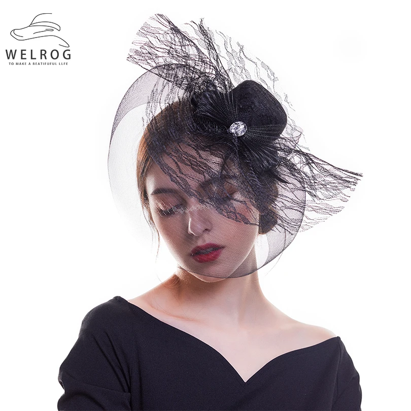 

WELROG New Design Lady Fascinator Hats Knit Mesh Hair Clip with Hairband Fedora Hat For Formal Party Cocktail Top Bucket Cap