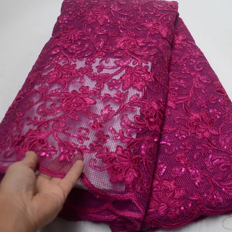 

Free shipping 5yards/lot gorgeous African tulle lace fabric fuchsia French net lace fabric with sequins embroidery PL976