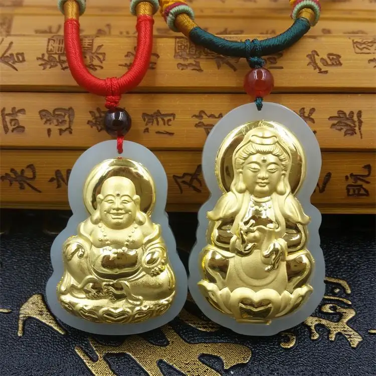 

Natural HeTian Yu Mosaic Gold Buddha Guanyin pendant transshipment amulet jade Necklace + Certificate Fashion Jewelry