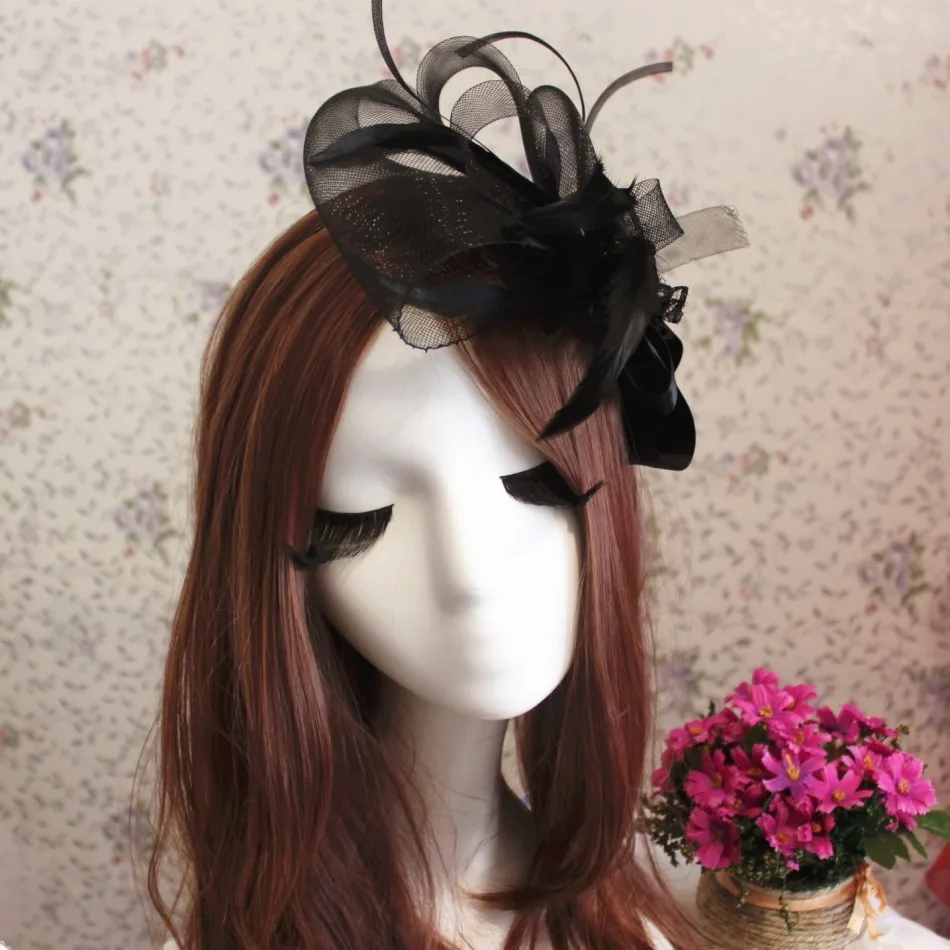 

Retro Nobility Black Bride Fascinator Hat Wedding Banquet Headwear Veil Portrait Flower Feather Headdress Hairpin Gauze