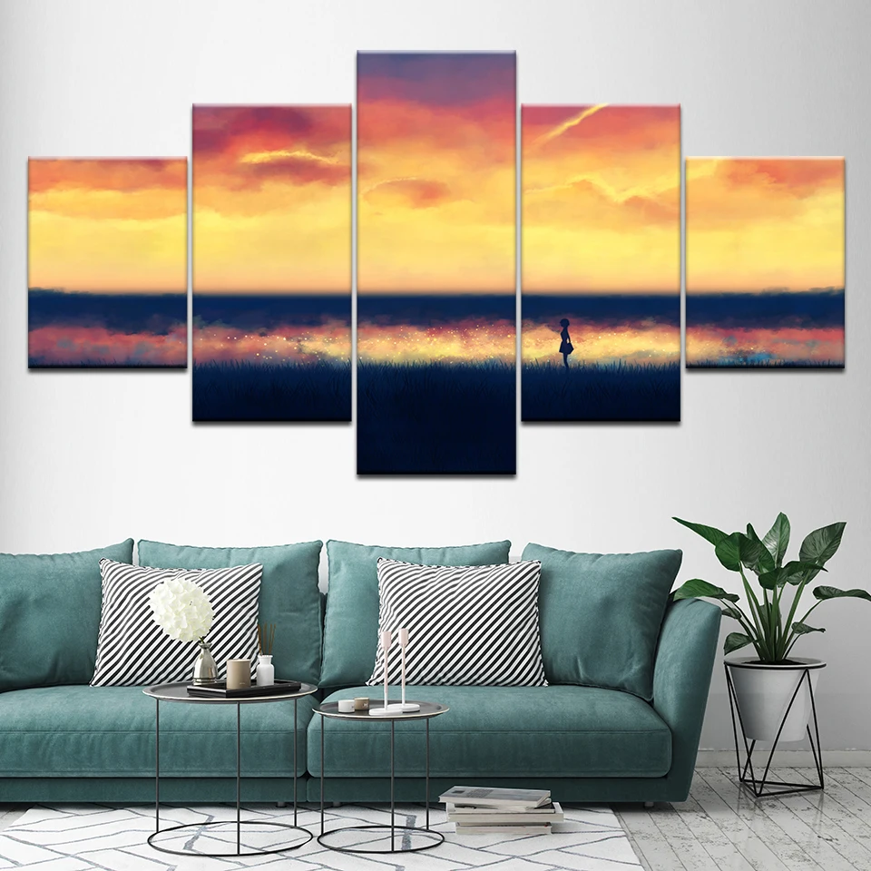 Canvas Painting shy girl sunset sky landscape 5 Pieces Wall Art Modular Wallpapers Poster Print Home Decor | Дом и сад