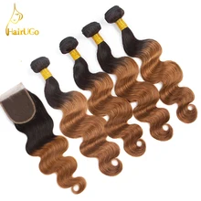 airUGo Hair Pre -Colored Ombre Brazilian Hair 4 Bundles With Lace Closure 1B/30 Body Wave Human Hair Weave Bundles Non-Remy