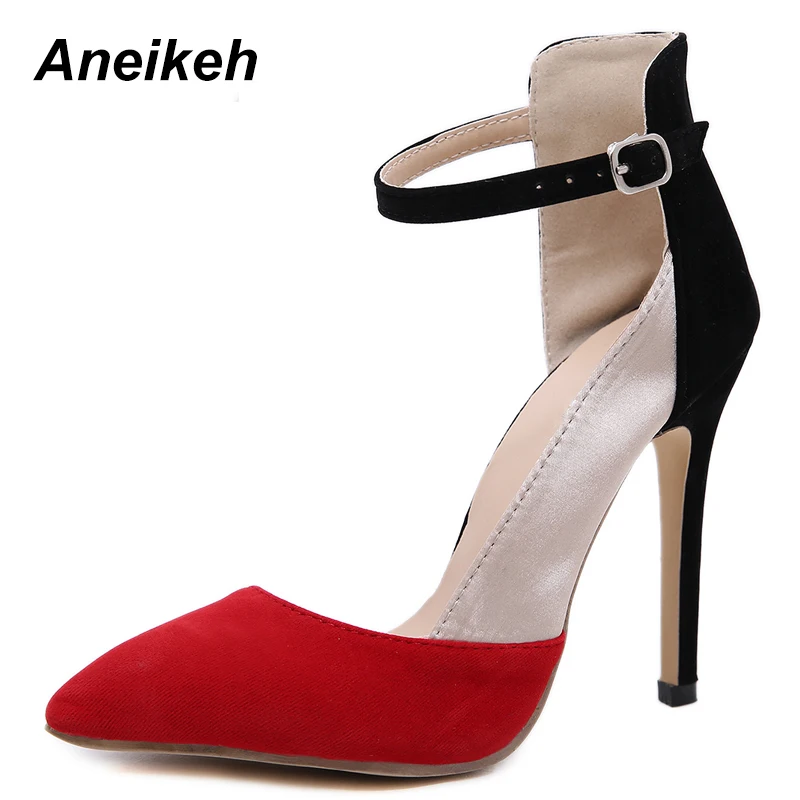 Aneikeh 2019 Fashion Women's Shoes Faux Suede Contrast Color Pointed Toe Pumps High Heels Stiletto Heels Patchwork Wedding Shoes