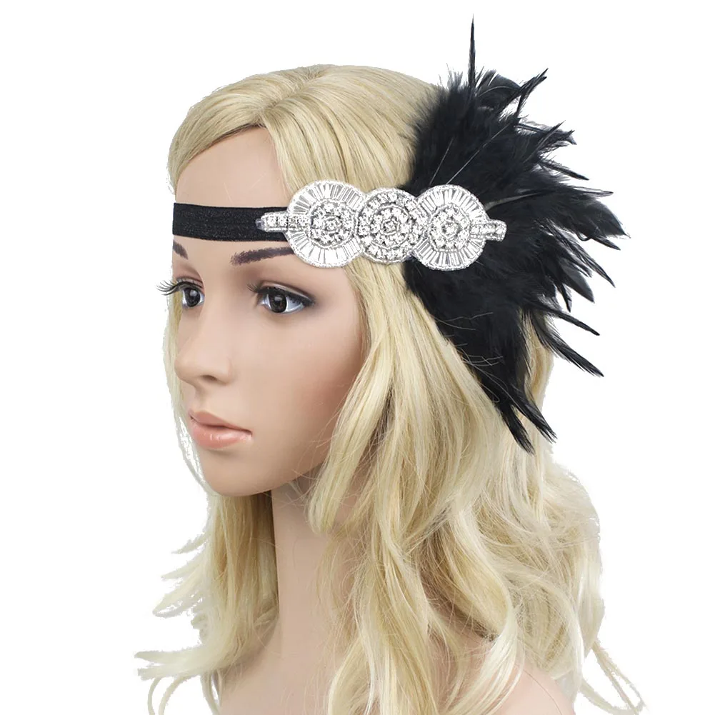 Retro 1920s Black Feather Headpiece Beaded Sequined Hairband Great Gatsby Flapper Headbandin