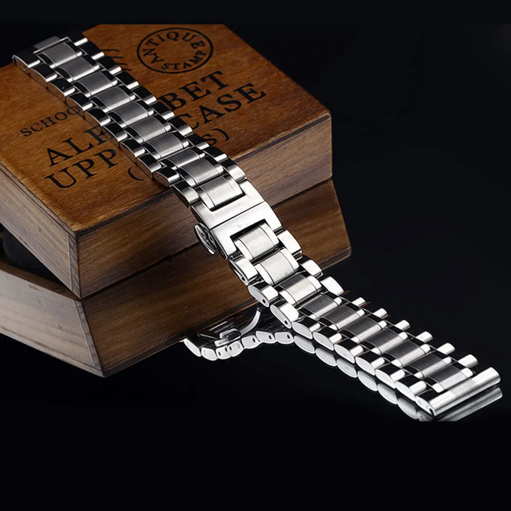 

18,19,20,22,24,26,28mm Solid Stainless Steel Butterfly Clasp watch strap Black/White Men Watch Band GD013