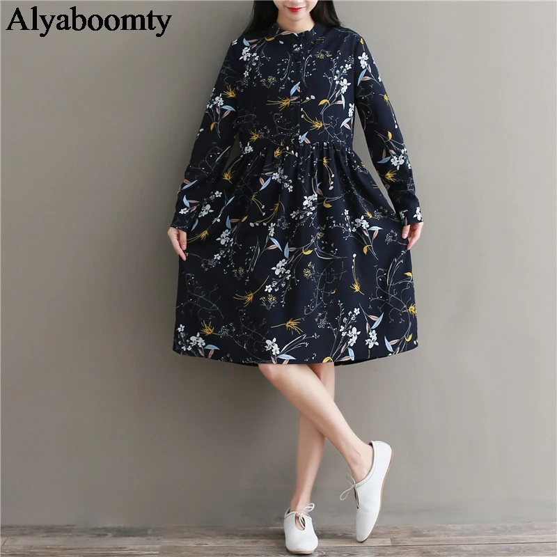 

Mori Girl Spring Autumn Women Cute Dress Stand Collar Floral Print Chiffon Vestidos Feminino Full Sleeve Navy Blue Vintage Dress