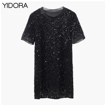 Осень новые женские черные футболки с блёстками и круглым вырезом с коротким рукавом/Футболка-Женская/женская вечерняя одежда топы с пайетками с рукавами