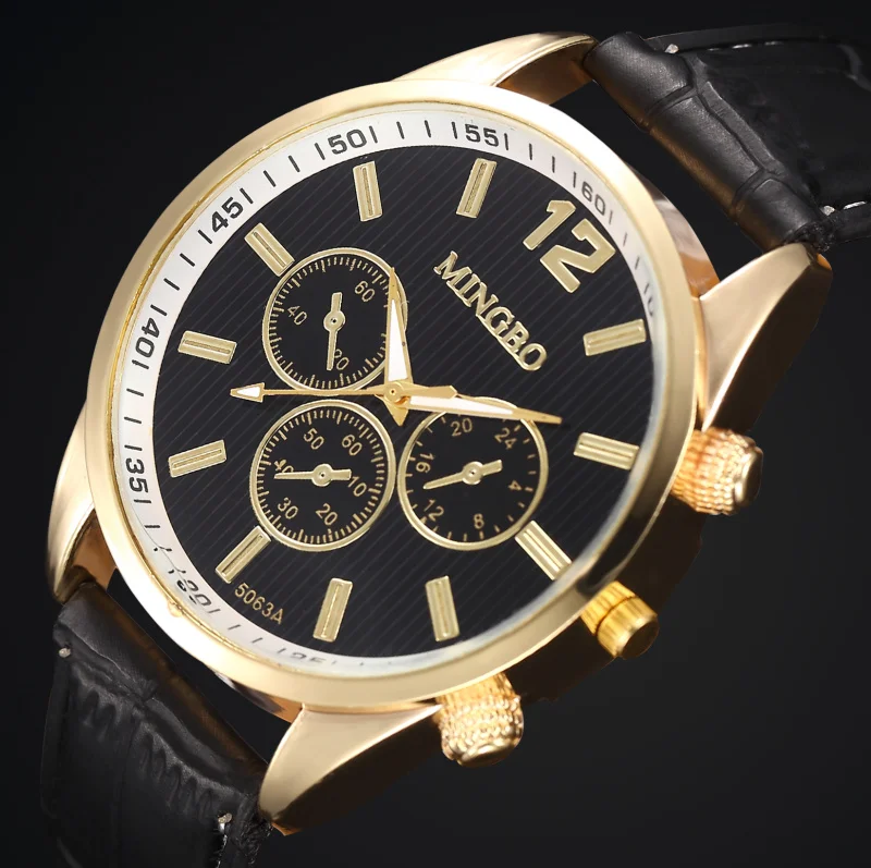 

Relogio Masculino Hot Sale Luxury Style Gold Dial With 3 Small Dials Decorative Quartz Watches Fashion Leather Strap Men Watches