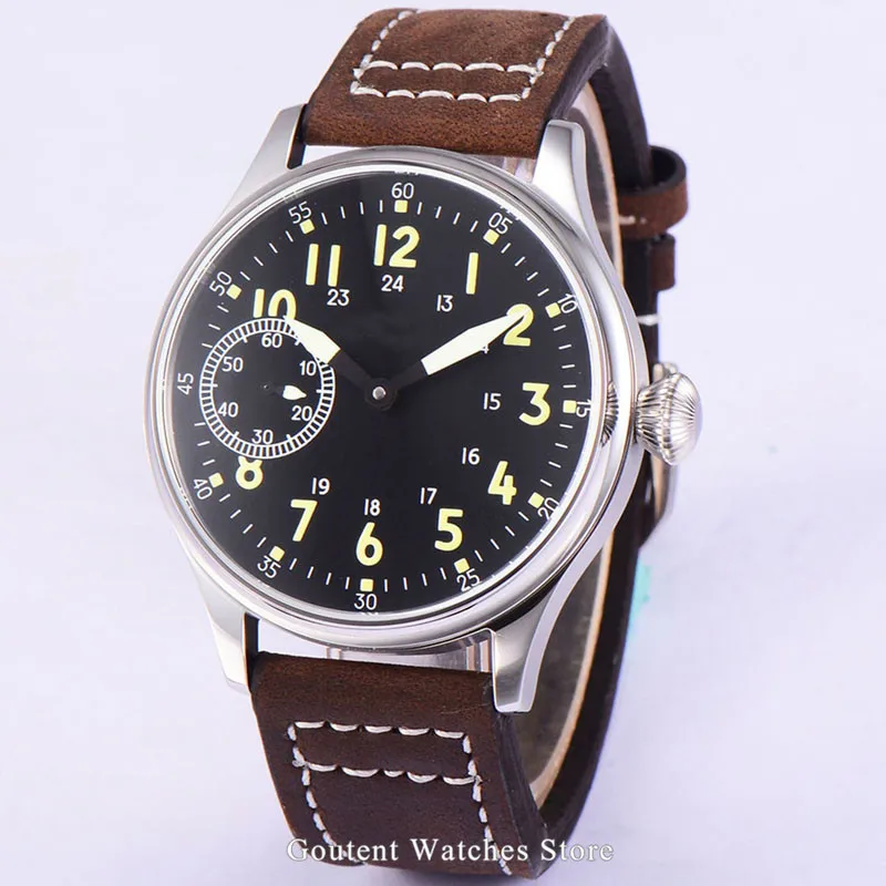 

44mm Corgeut Black dial Vintage Hand-winding 6497 Mechanical Mens Watch