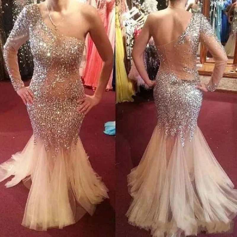 

2019 Luxurious Beads Crystal Prom Dresses One-Shoulder Mermaid Champagne Evening Dresses Sexy Back Formal Party Dresses
