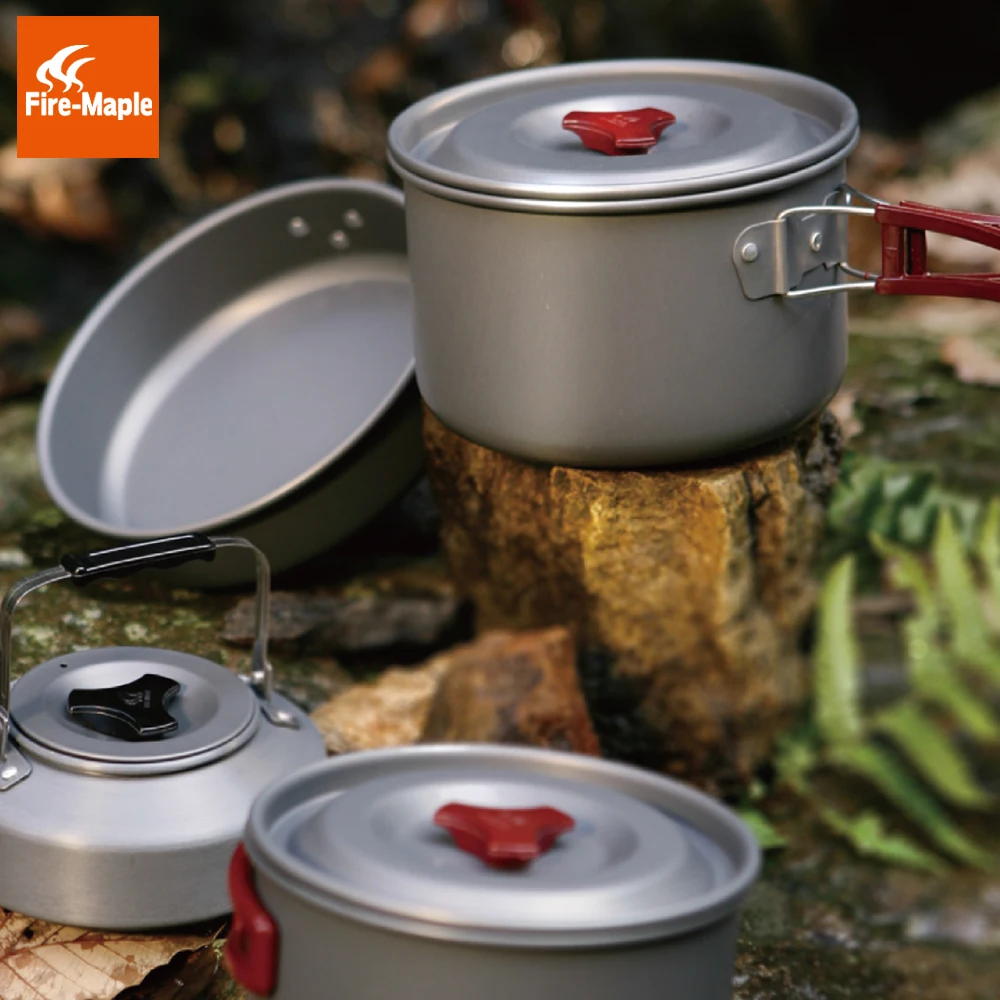 Fuego de arce sartén al aire libre que acampa plegable cocina utensilios de cocina de aleación de aluminio de 1Fry Pan 2 ollas 1 tetera para 4- 5 personas FMC-209
