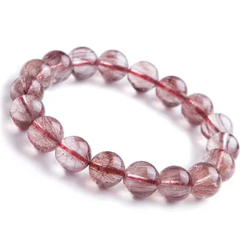 

11mm Genuine Natural Red Rutilated Quartz Crystal Gemstone Stretch Round Bead Charms Bracelet