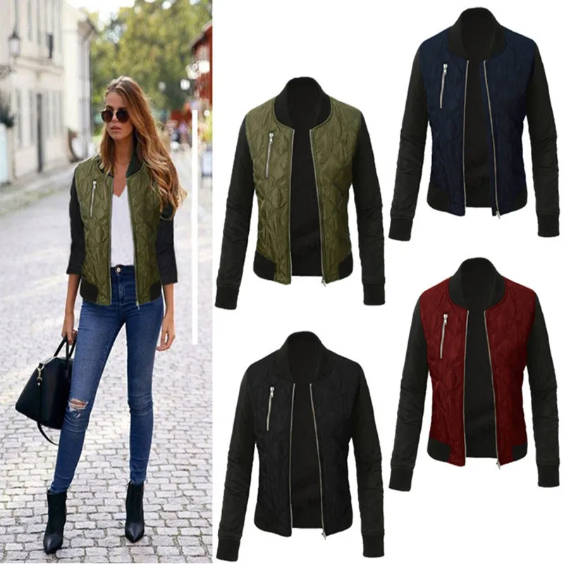 

Oufisun women casual Autumn Winter Fashion Solid Jacket O-neck Zipper Stitching Quilted Bomber jackets 2019 Female jackte Coats