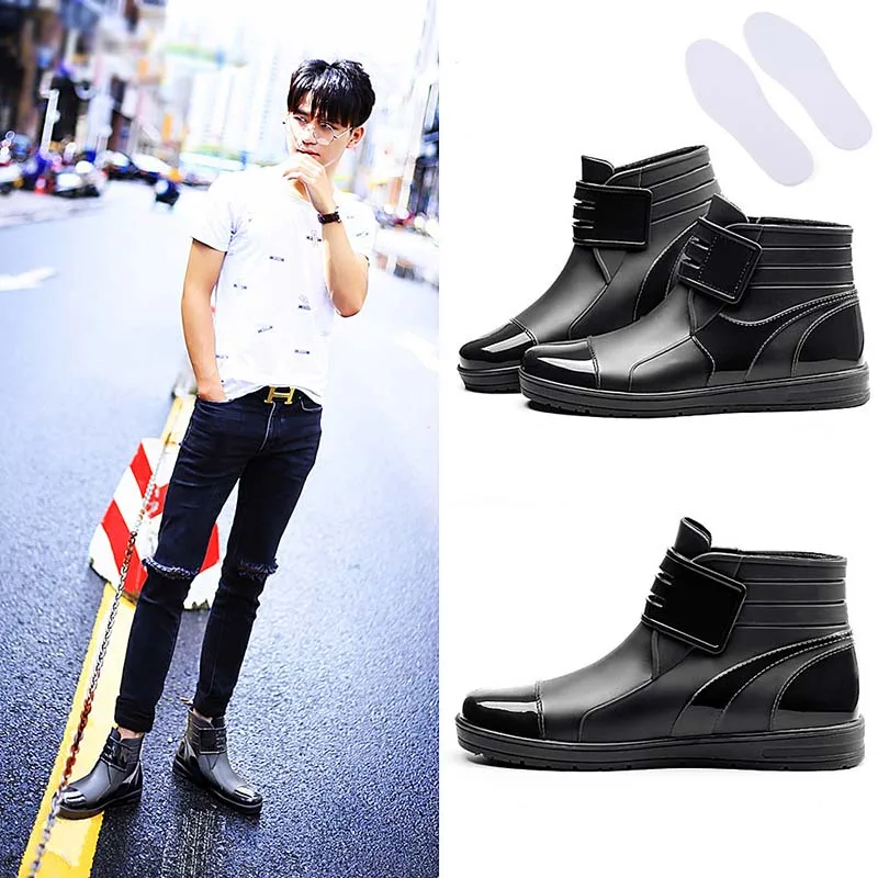 

Masorini Waterproof Rain Boots Waterproof Flat with Shoes Men Rain Unisex Water Rubber Ankle Boots Buckle Botas WW-021