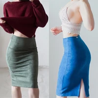 Neophil 2019 Winter Women Suede Midi Pencil Skirt High Waist Gray Pink XXL Sexy Style Stretch Wrap Ladies Office Work Saia S1009