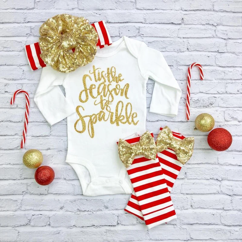 

Christmas Newborn Infant Baby Girls Clothes Letter Short Sleeve Romper Striped Legging Warmer Headwear 3PCS Outfit Clothing