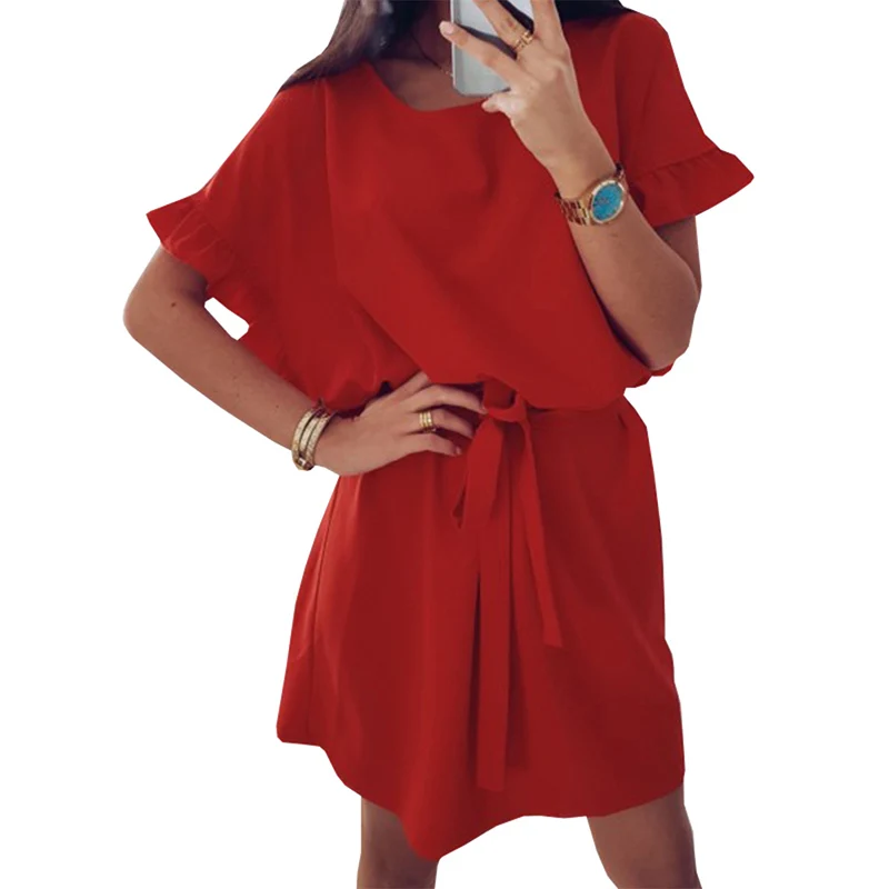 Fashion  Women's Clothes Dress Large Size Belt Wooden Ear Bat Sleeve O-neck Solid Color Dress Summer 2019