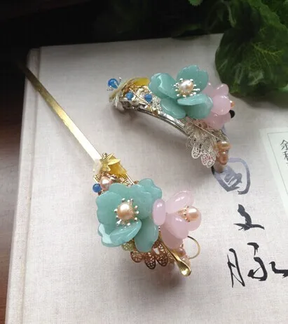 Amazonite Earpick Also Hair Stick Xie Yi Classical Hair Jewelry Hanfu Costume Accessory Jewelry (Earpick + Pinchcock)