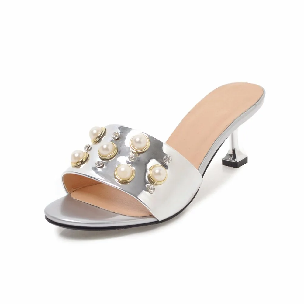 Сланцы женские на высоком каблуке 5 см с жемчужинами и заклепками|slippers for women|slipper