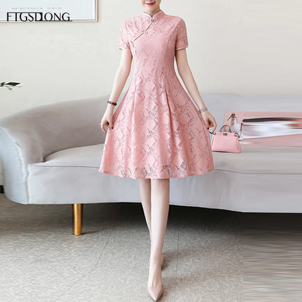 

FTGSDLONG 2019 Summer Cheongsam Dresses 4xl Plus Size Short Sleeve Women Lace Dress Elegant Ladies A Line Dresses Vintage Empire