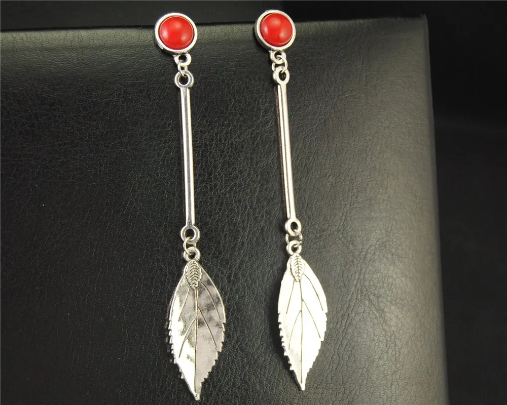 

1pair(2pcs) Tibetan Silver Long Drop Leaf Earrings Red Beads Handmade Jewelry Gifts E504