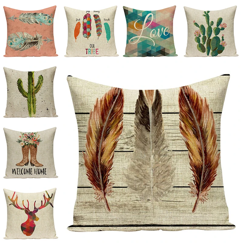 

Feather Pattern Pillow Case Animal Cotton Linen Art Decorative Cushion Covers Car Seat Chair Cushions Home Decor Accessorie Gift