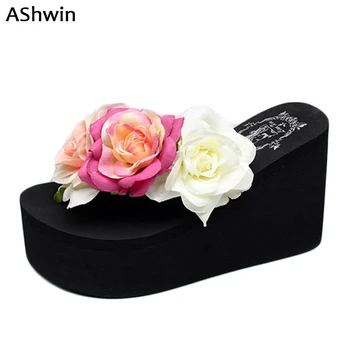 

AShwin summer flower sandals super high heels flip flops thing slippers handmade fashion slipper wedge wedge platform bohemia