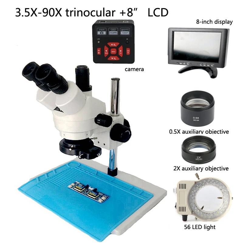 

2100P HDMI industrial camera +3.5X-90X continuous zoom magnification trinocular stereo microscope +56LED + 8" inch this screen
